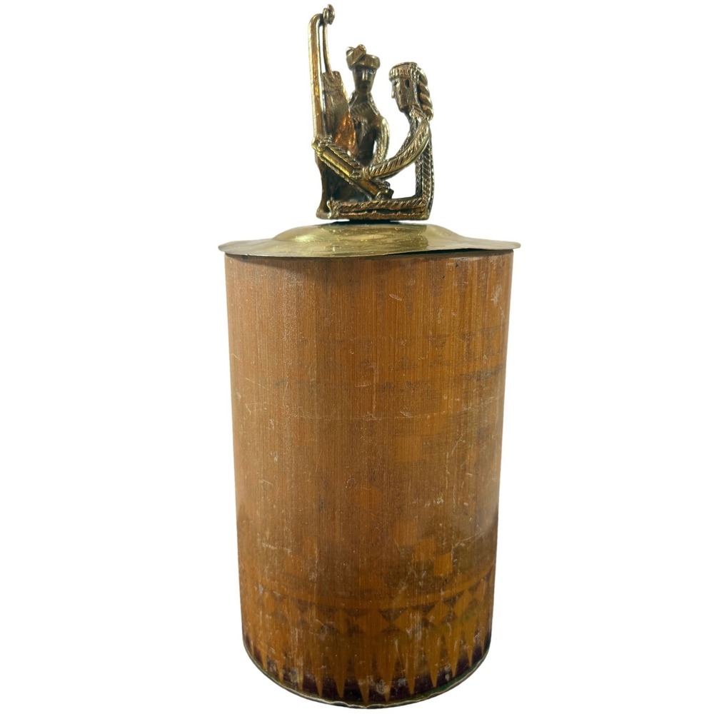 VTG T'Boli Tribe Solid Brass Figurines on Hand Carved Wood Canister 12"